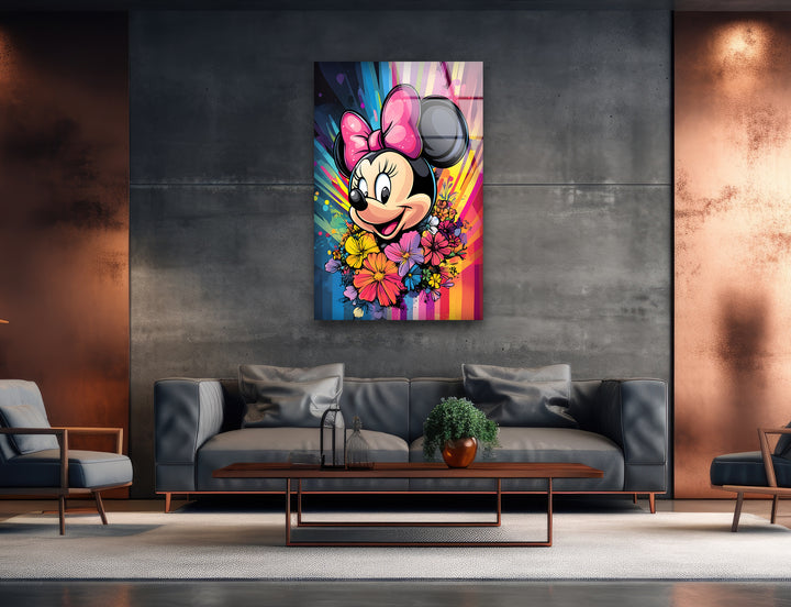 Minnie Mouse In Front Of Rain bow Glass Wall Art stained glass wall art, stained glass wall decor
