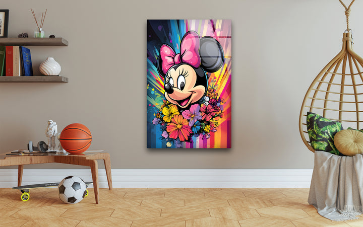 Minnie Mouse In Front Of Rainbow Glass Wall Art glass photo prints, glass picture prints
