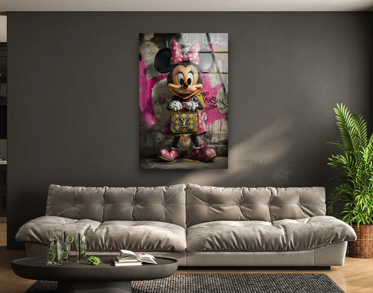 Bright pink graffiti serves as the loudest element on this glass wall art prints, featuring a fashion-inspired mouse character with luxury street style.