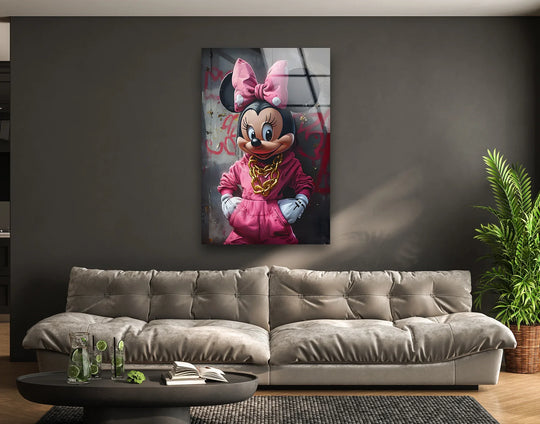Showcasing the layering effect through graffiti art behind the Street Style Mouse Character graffiti, this tempered glass wall art piece adds depth and an urban touch.