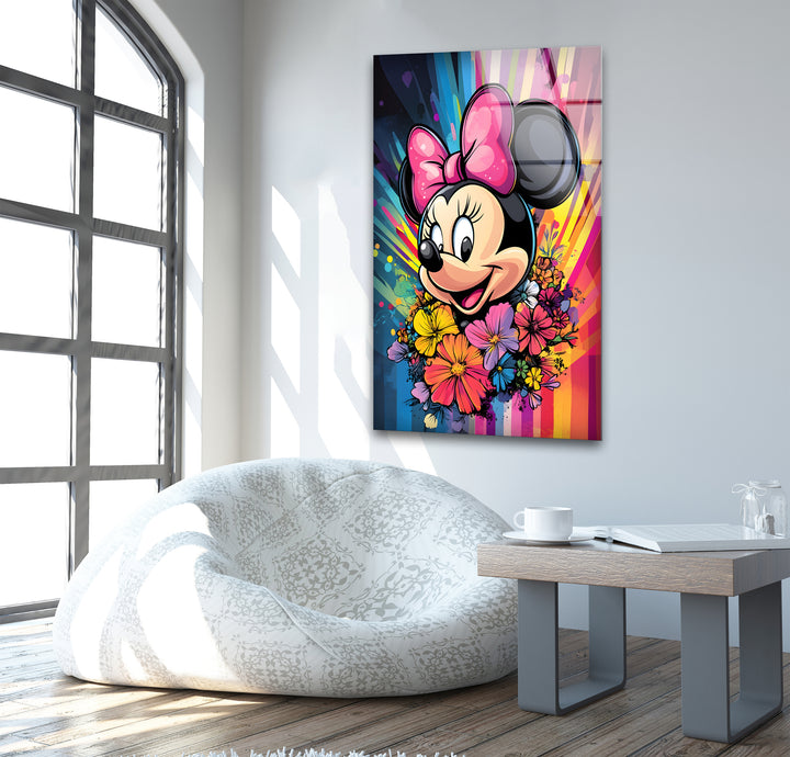 Minnie Mouse In Front Of Rainbow Glass Wall Art picture on glass wall art, photos printed on glass
