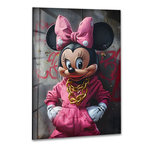 Foreground detail shows a cartoon mouse wearing a pink hoodie and gold chain in this edgy glass wall art that will add to your home decor.