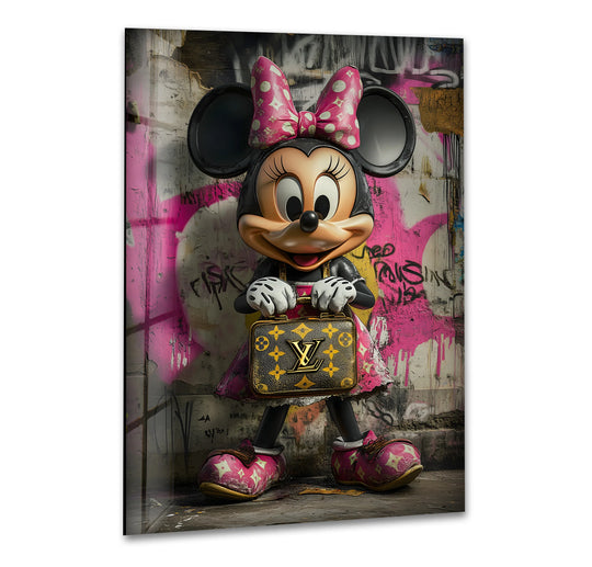 Standing proudly, the stylish mouse character showcases her luxury purse in this unique glass wall art decor piece against an edgy graffiti backdrop.