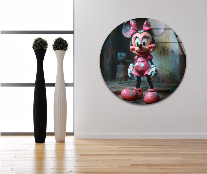 Pink Minnie Mouse Glass Wall Art glass art painting, glass art for the Wall
