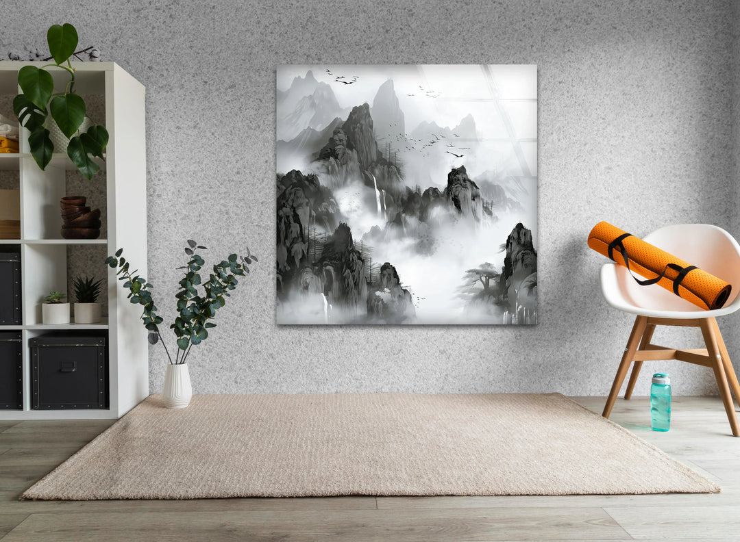 Misty monochrome landscape highlighting towering peaks, peaceful waterfalls, and scattered birds.