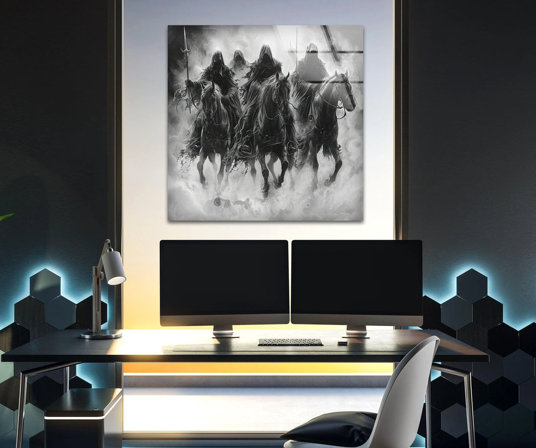 Atmospheric monochrome scene printed on glass showing ominous figures on horseback in thick mist.