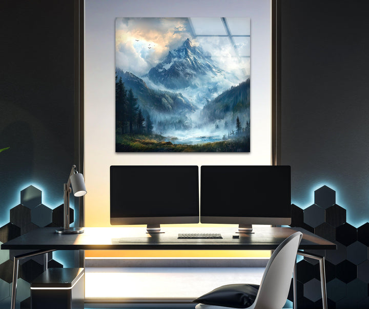Misty & Snowy Mountain Glass Wall Art large glass photo prints, glass wall photos
