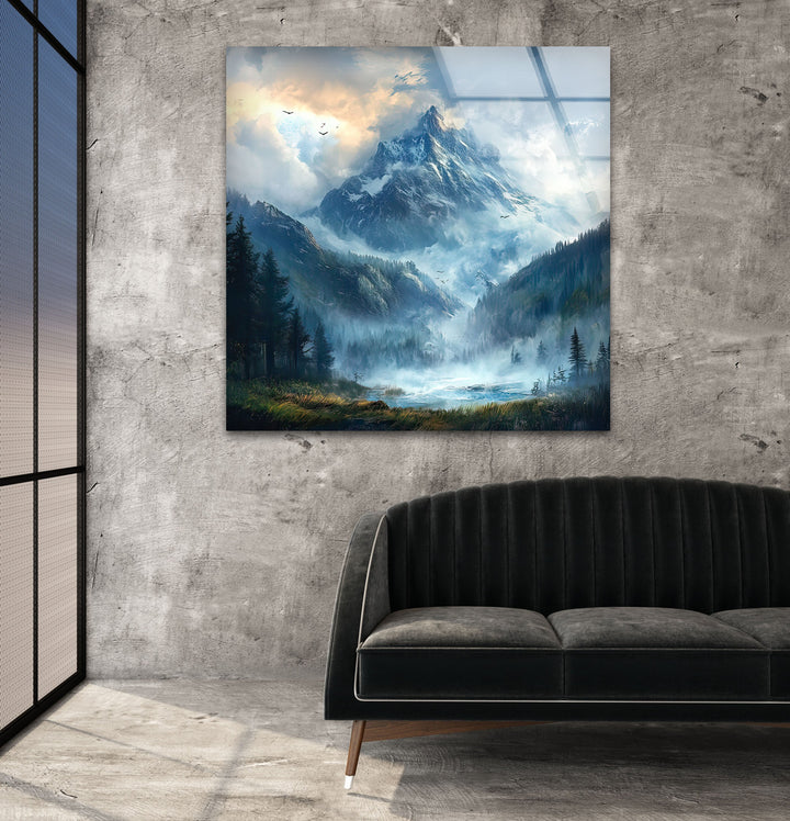Misty & Snowy Mountain Glass Wall Art custom glass pictures, glass art prints
