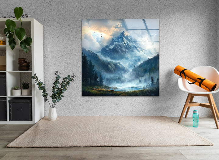 Misty & Snowy Mountain Glass Wall Art photo print on glass, prints on glass wall art
