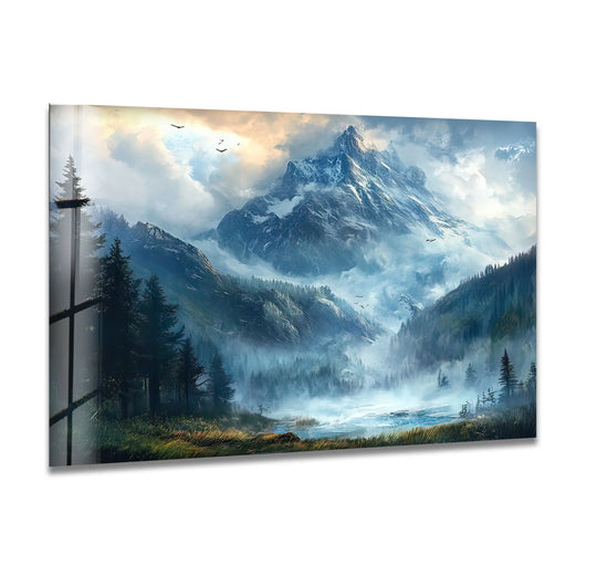 Misty & Snowy Mountain Glass Wall Art stained glass wall art, stained glass wall decor
