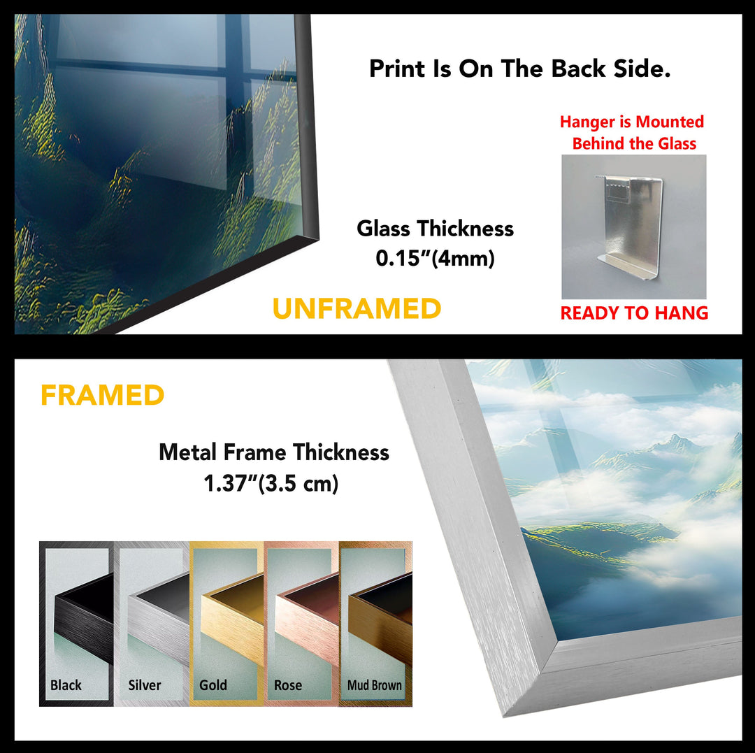 Majestic Mountain Peaks Glass Wall Art – A Stunning Cloud-Kissed Escape