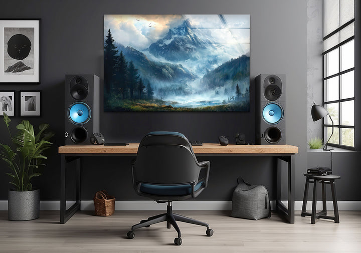 Misty & Snowy Mountain Glass Wall Art custom glass photo prints, large glass prints
