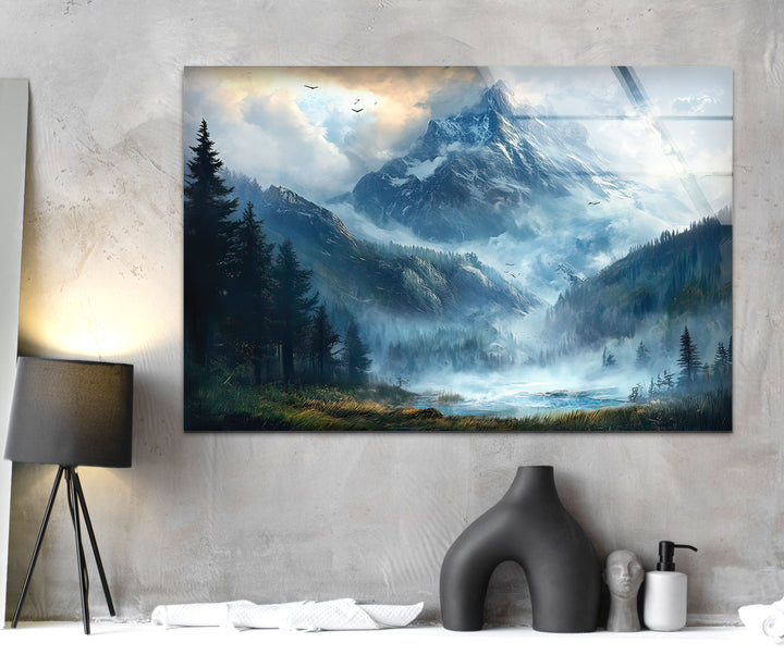 Misty & Snowy Mountain Glass Wall Art Glass Printing Wall Art, Print photos on glass
