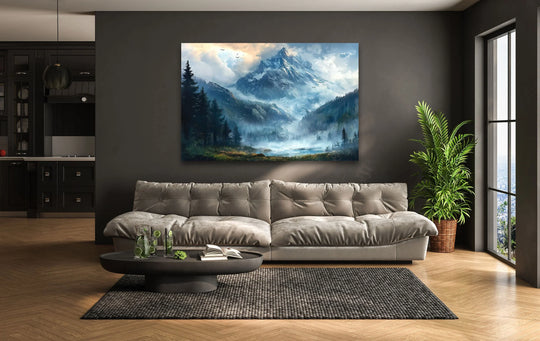 Misty & Snowy Mountain Glass Wall Art glass art painting, glass art for the Wall

