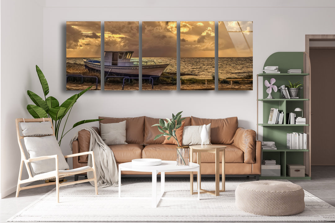 Fishing Boat On The Coastal Glass Wall Art