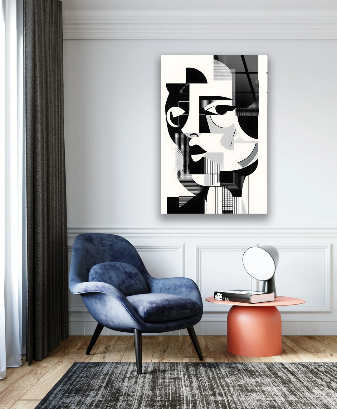 Black and white abstract woman’s face printed on tempered glass with architectural grid textures.