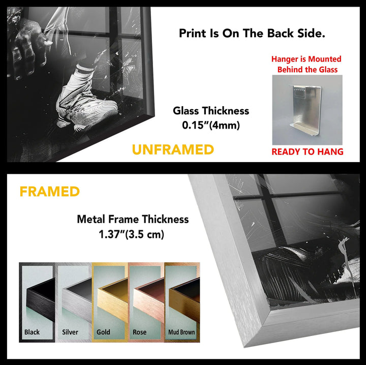 Modern abstract black and white glass wall art showing an athlete in a reflective, powerful stance.
