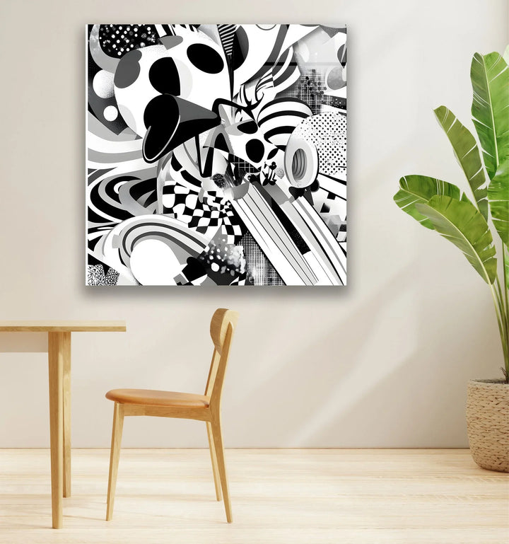 Modern black and white abstract design on tempered glass with overlapping graphic forms and bold contrast.