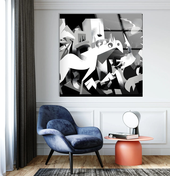 Contemporary black and white glass art depicting chaotic horse figures in a bold abstract scene.