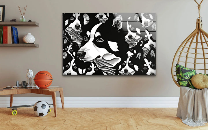 Monochrome husky design with layered details printed on glass wall art for contemporary interiors.