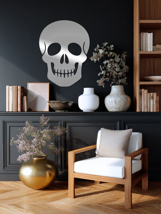 Delicate blossoms soften the gothic edginess of the silver skull, contrasting dramatically with the dark metal art for wall creating a captivating focal point.