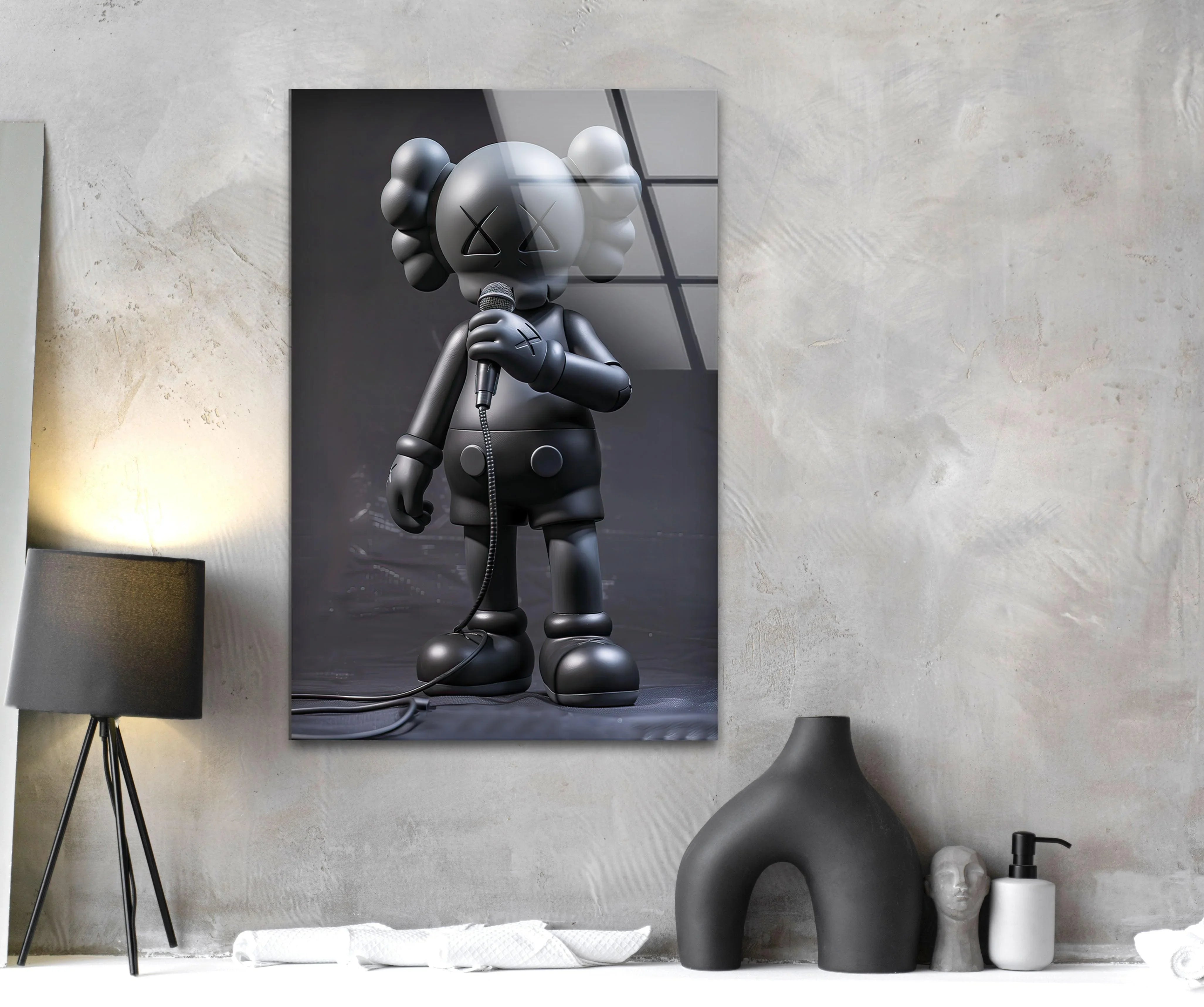Singer Black Kaws Glass Wall Art – Minimal Pop Style – MyPhotoStation