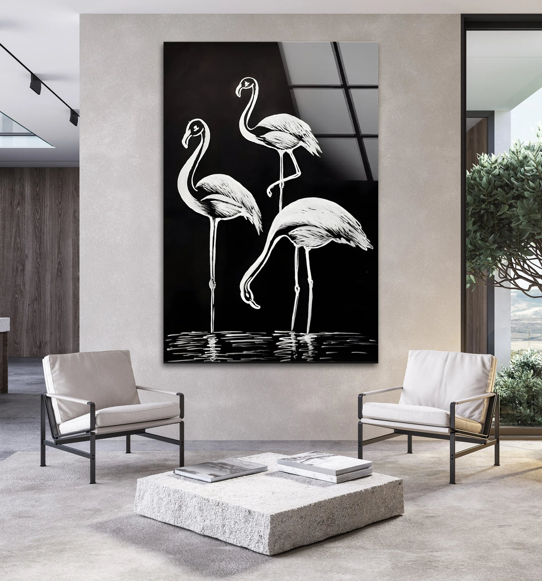 Black and white flamingo illustration printed on glass with elegant minimalist strokes.