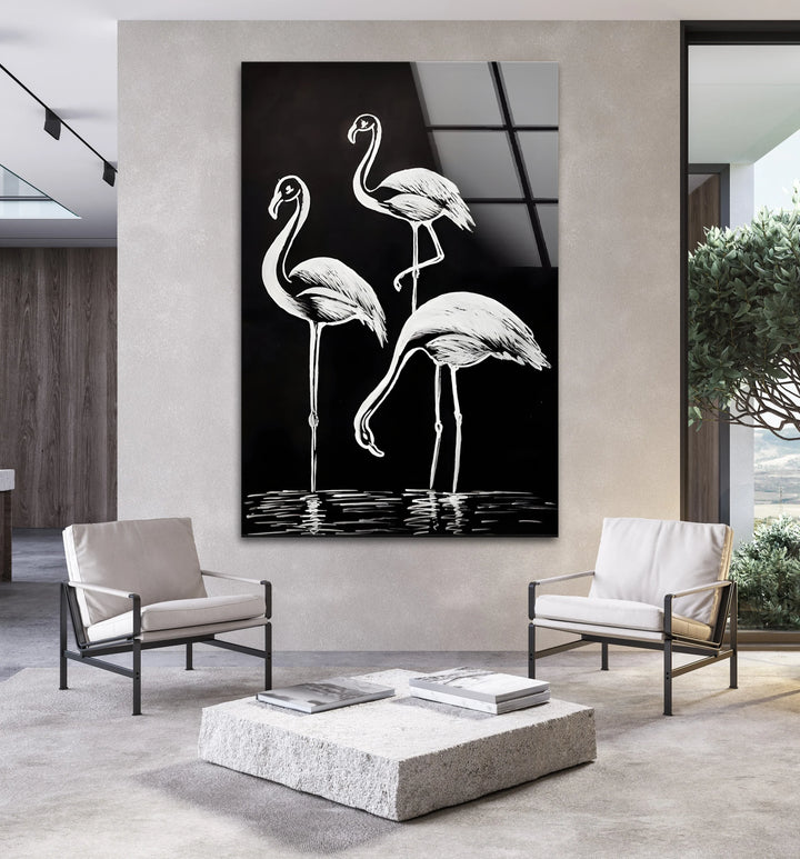 Black and white flamingo illustration printed on glass with elegant minimalist strokes.
