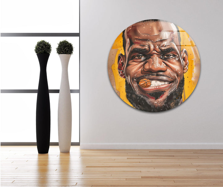 Humorous basketball-themed glass art featuring a stylized athlete with exaggerated features.-Lebron James Glass Wall Pictures