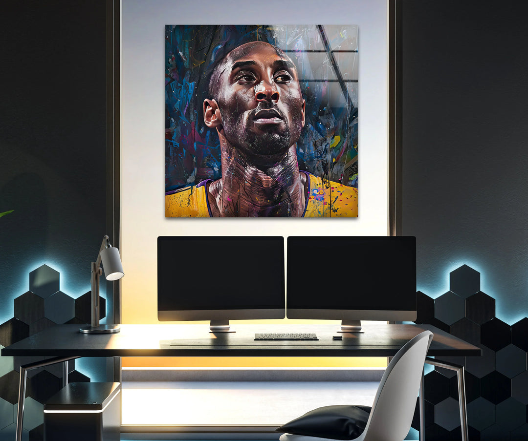 Dynamic basketball portrait on glass combining realism with bold artistic paint splashes.