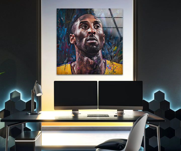 Dynamic basketball portrait on glass combining realism with bold artistic paint splashes.