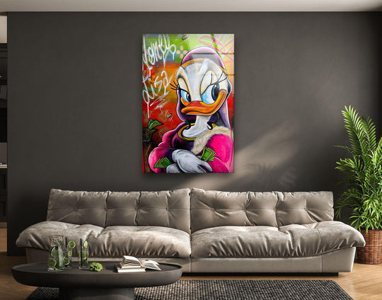 Dominating negative space accentuates the fierce Money Diva glass wall artwork, a pop art glass wall artwork piece that commands attention with its bold attitude.