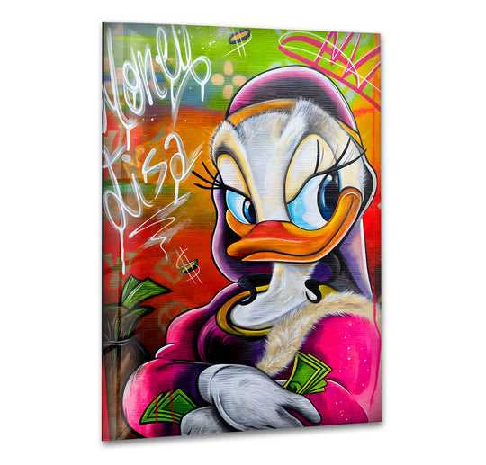 Frozen in time, the 'Money Diva' pop art showcases the stillness of a glamorous duck, a vibrant best glass art display with a sassy and bold attitude.