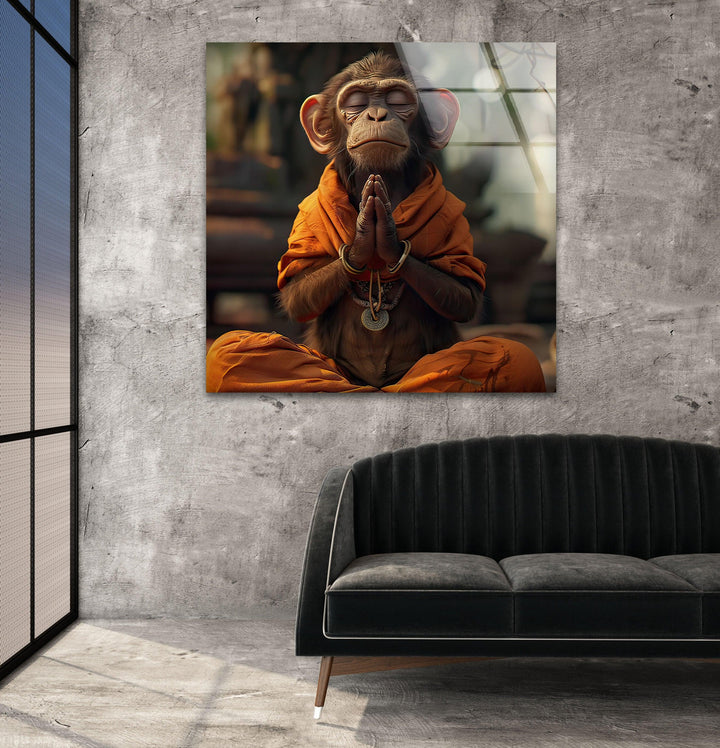 Monkey Dressed in Monks Glass Wall Art stained glass wall art, stained glass wall decor
