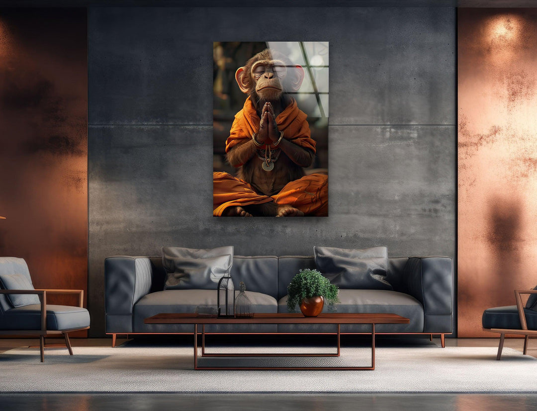 Monkey Dressed in Monks Glass Wall Art glass photo prints, glass picture prints

