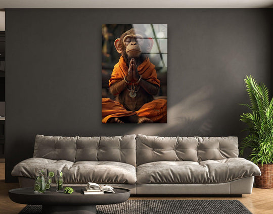 This stunning glass wall art decor features a serene monk-like monkey, meticulously crafted with exceptional material quality.