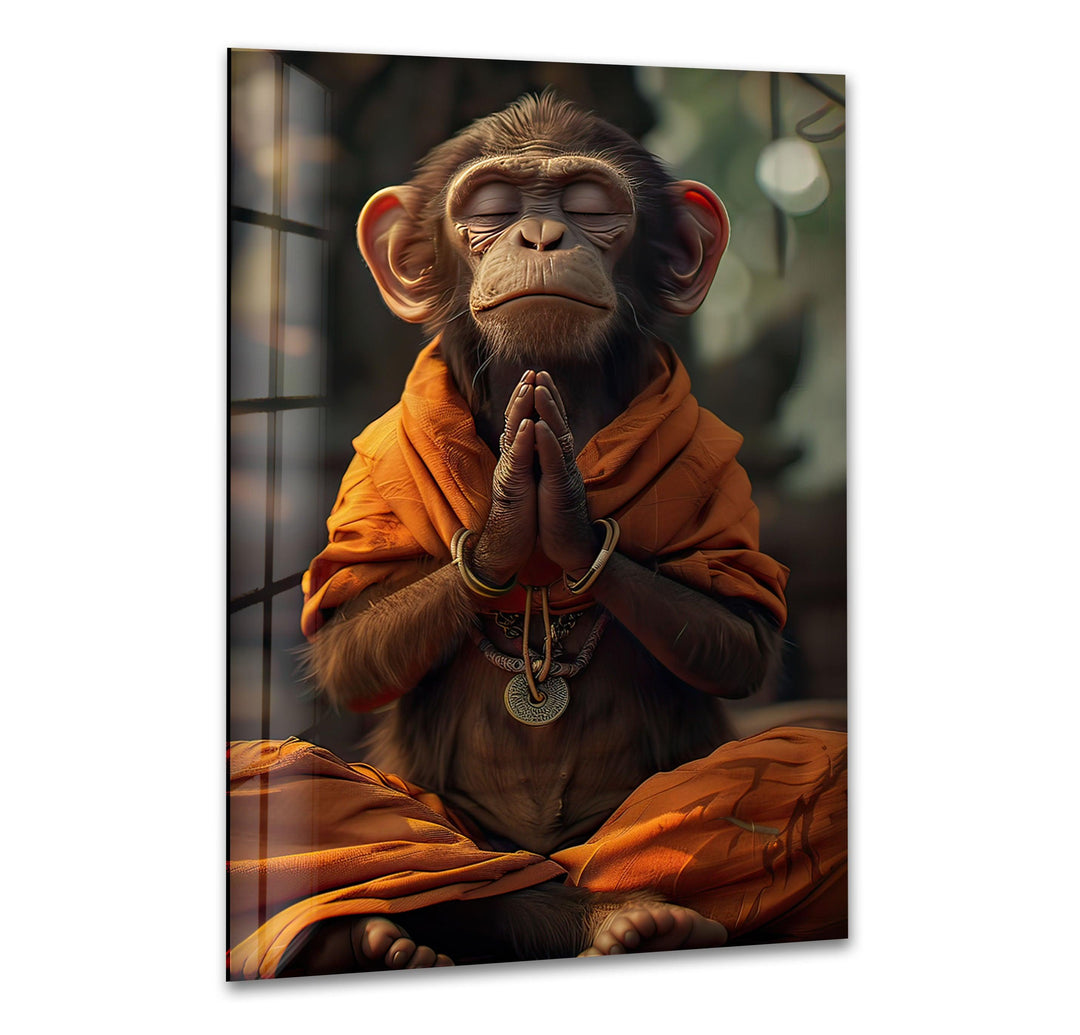 Monkey Dressed in Monks Glass Wall Art print picture on glass, Tempered Glass Wall Art

