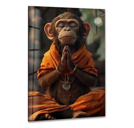 Monkey meditating in a serene jungle background, a unique glass art painting for calm zen decor.