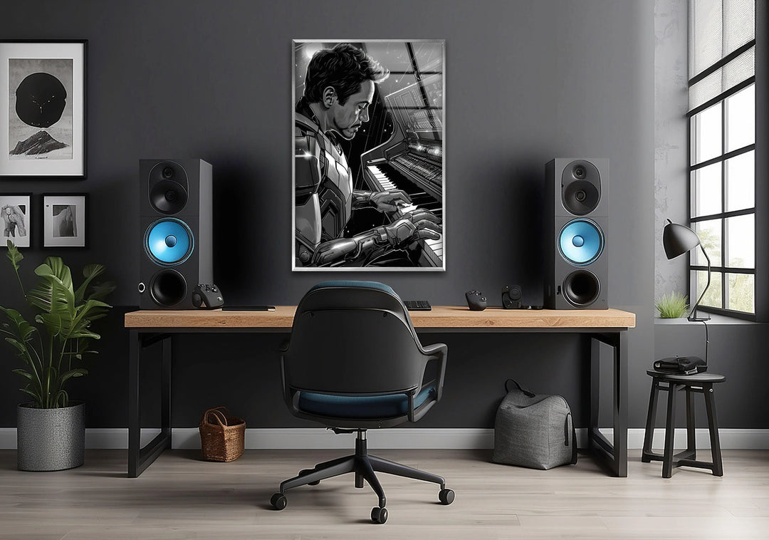 Foreground elements draw attention to the Pianist Iron Man glass wall art as striking wall prints within a modern, meticulously styled office space.