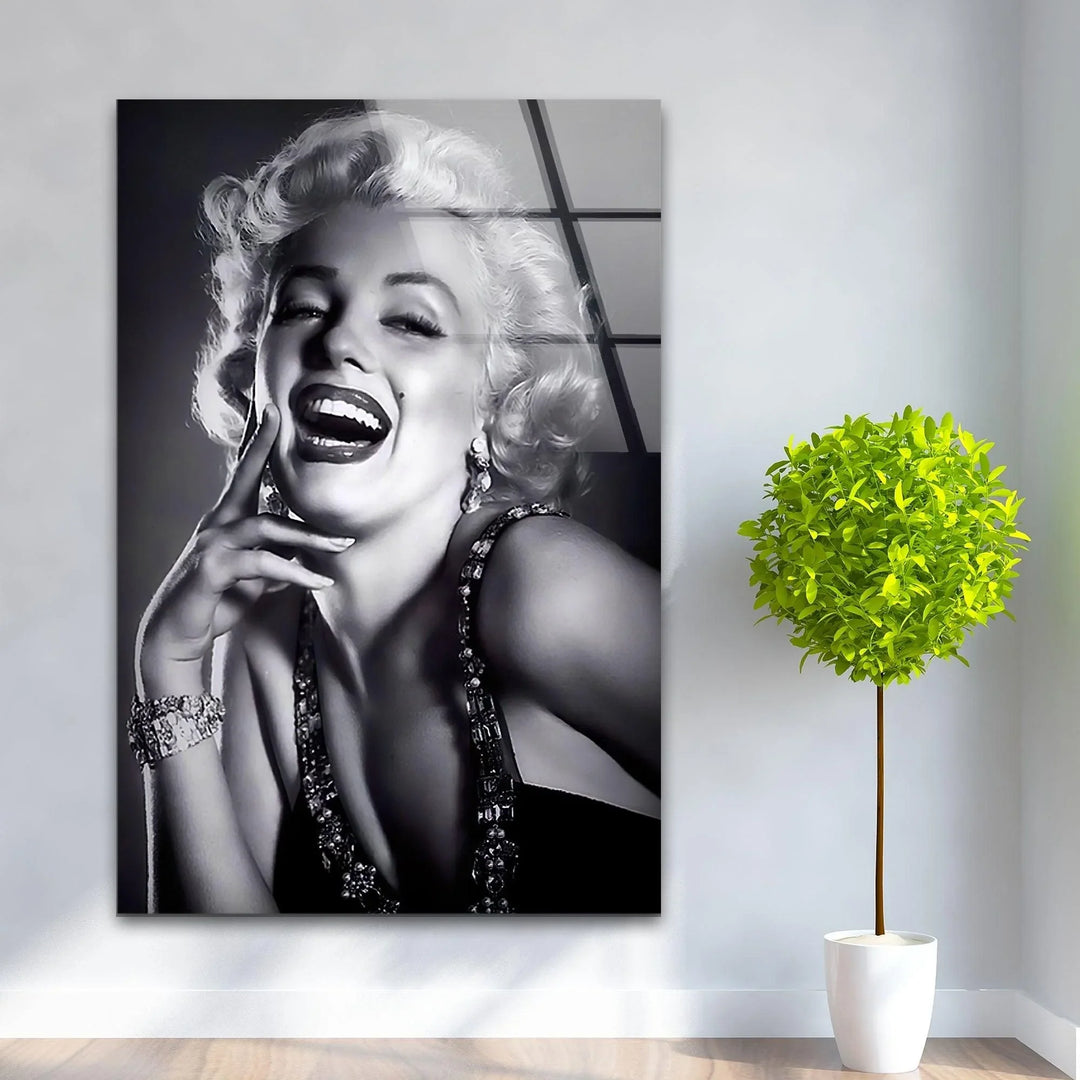 Marilyn Monroe Monochrome portrait on glass showing a joyful woman with classic curls and sparkling accessories.