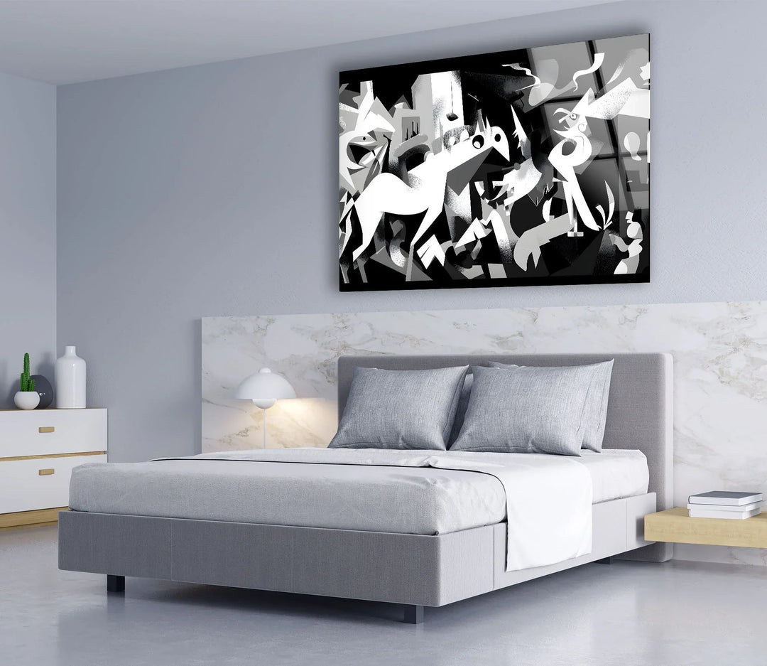 Abstract black and white composition on glass featuring fragmented horses and angular forms.