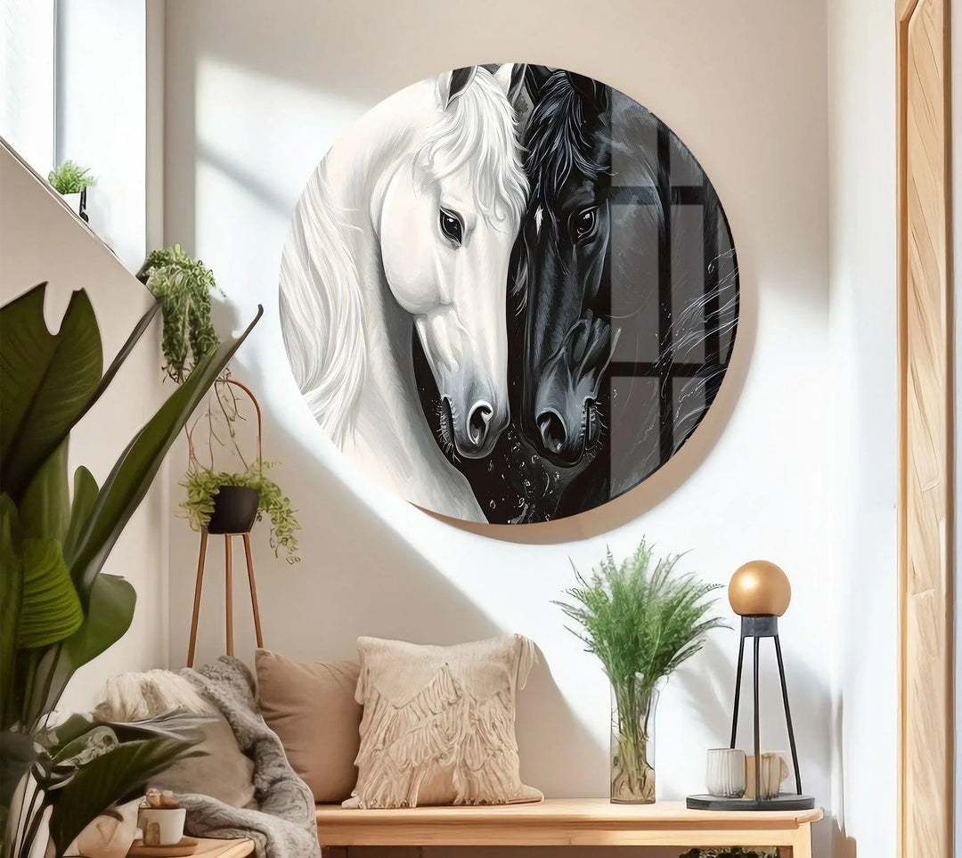 Elegant black and white horse pair printed on tempered glass with dynamic shading.