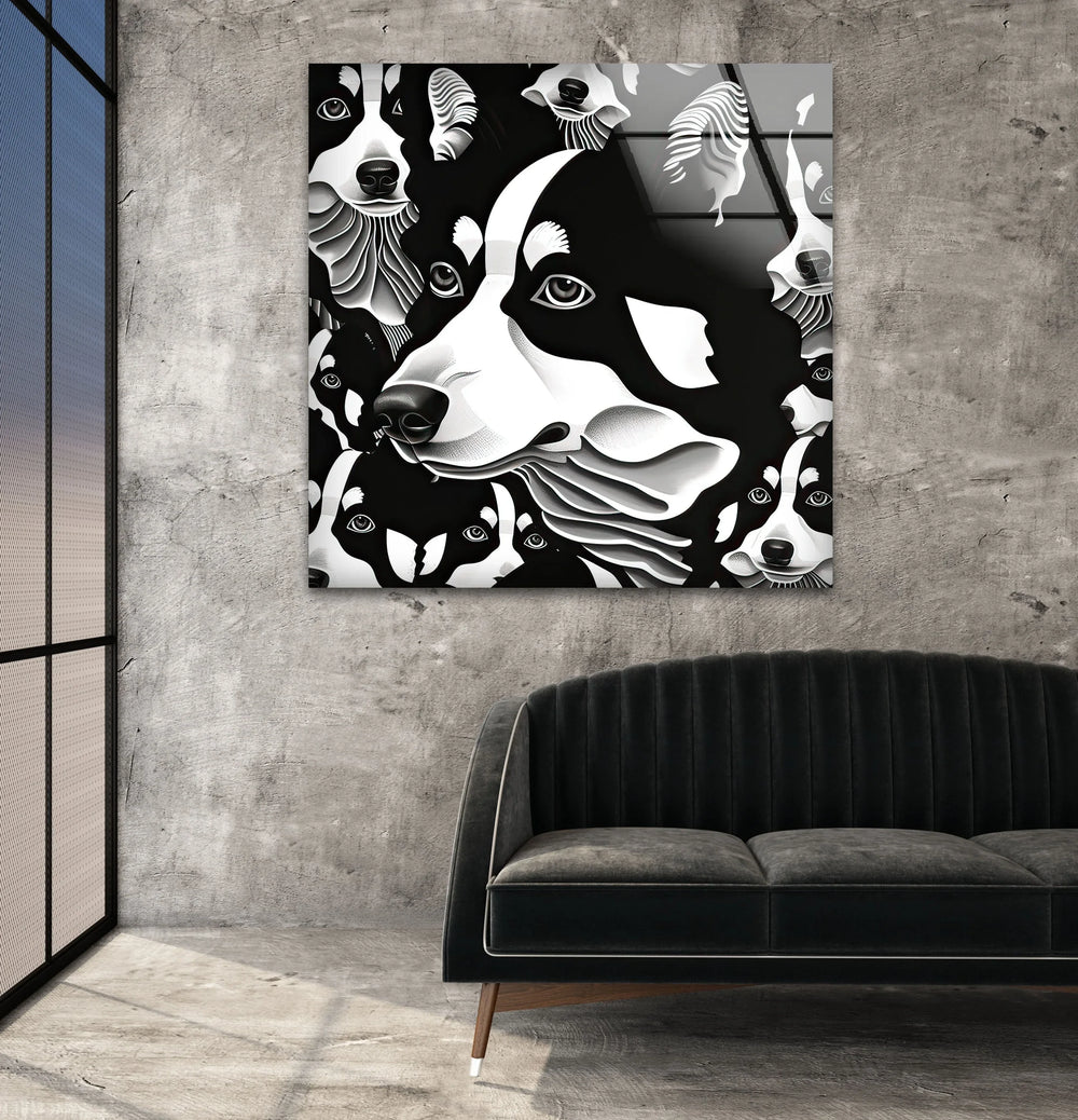 Contemporary black and white wall art showing layered husky portraits in a sleek graphic illustration style.
