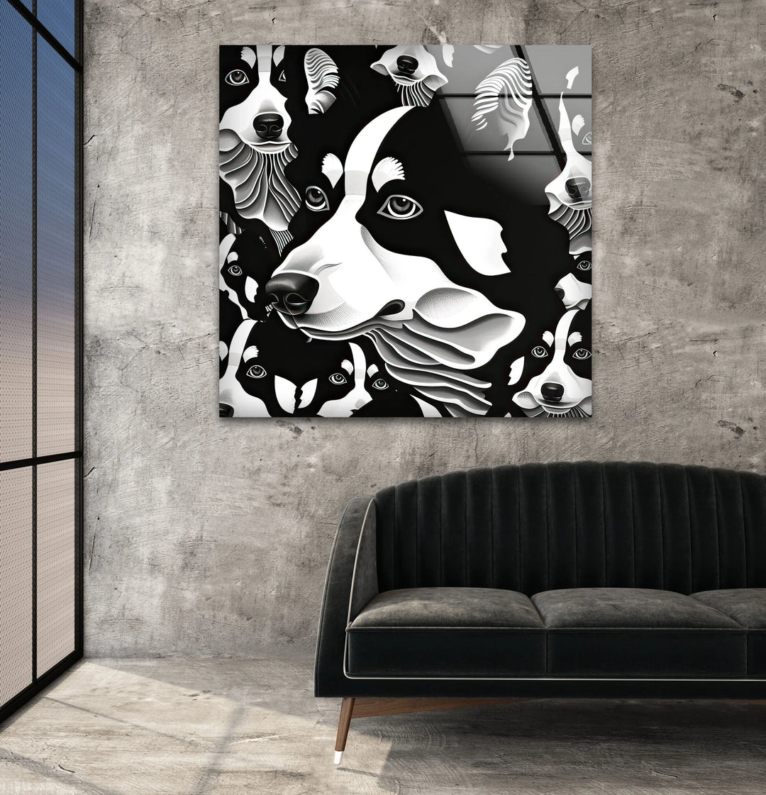 Contemporary black and white wall art showing layered husky portraits in a sleek graphic illustration style.