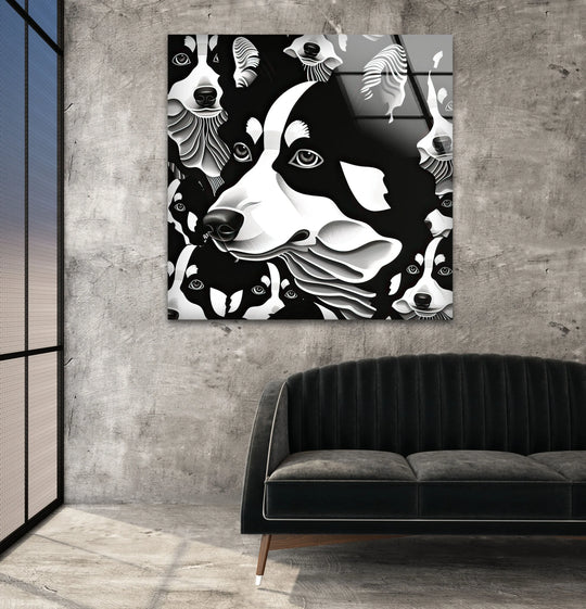 Contemporary black and white wall art showing layered husky portraits in a sleek graphic illustration style.