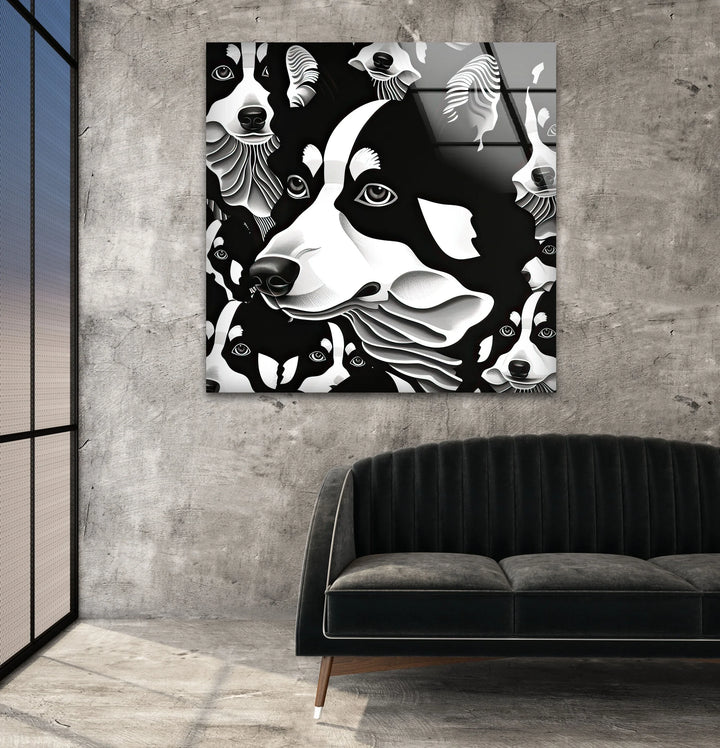 Contemporary black and white wall art showing layered husky portraits in a sleek graphic illustration style.