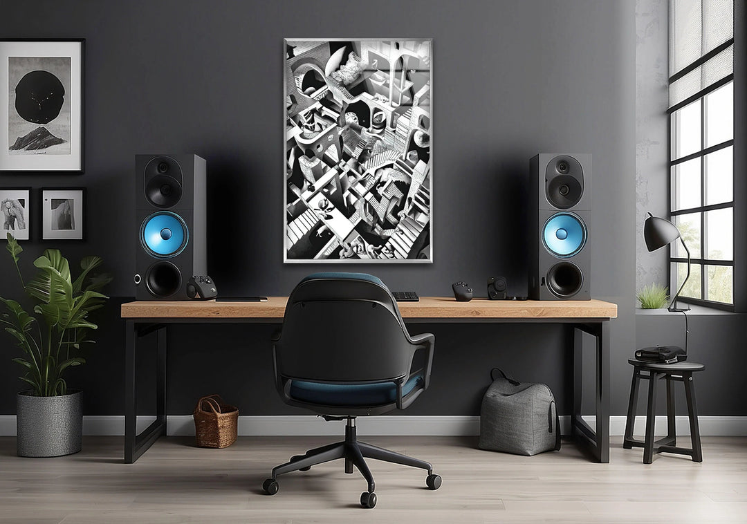 Black and white illusion artwork with chaotic stairways and fantasy tunnels.