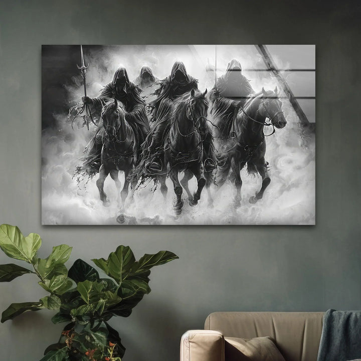 Dramatic grayscale wall art depicting four hooded riders charging forward from dense mist.