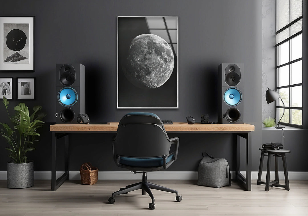 Grayscale moon design on glass highlighting craters, shadows, and realistic lunar texture.