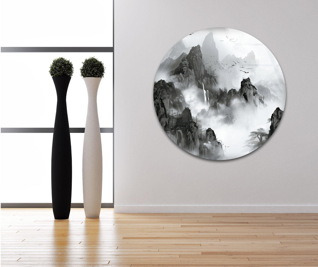 Grayscale mountain scene with drifting mist, rocky cliffs, and birds soaring in the sky.